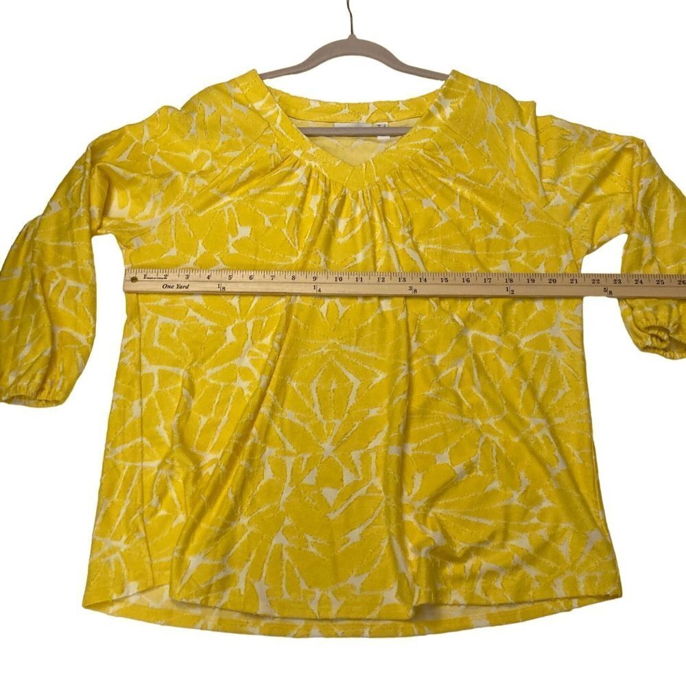 Susan Graver Sunny Yellow White Mixed Media Blouse V-Neck Elastic Cuff Sz L - Picture 6 of 9